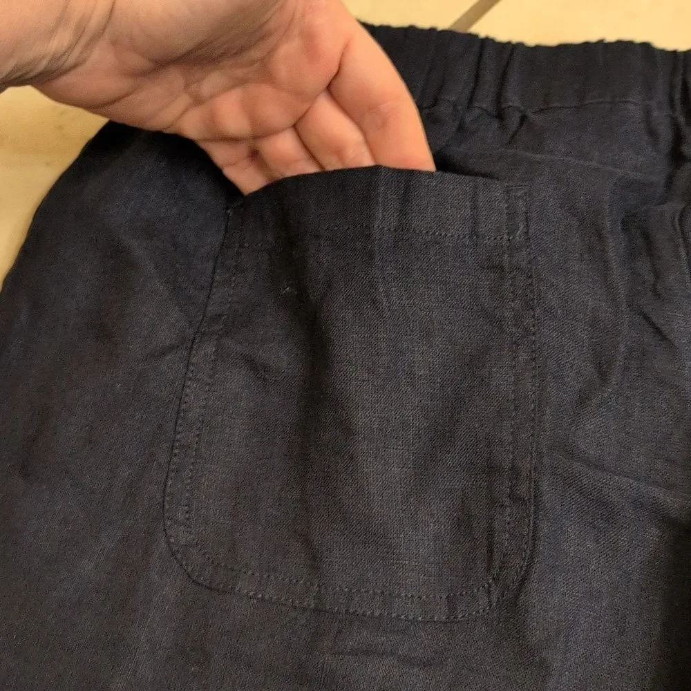 NWOT Quince 100% European Linen Pants Deep Navy Blue Stretchy Waist Size L